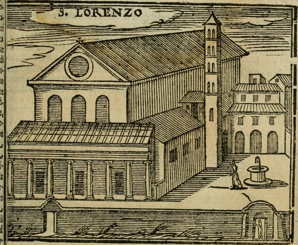 An illustration from Le cose maravigliose di Roma : cioè, chiese, e luoghi pij, con la delineatione dell'edificio, loro historia, ornamenti, pitture, e sculture, co'l nome de' pittori e scultori che l'han fatte : cimiterij, reliquie, corpi santi, stationi, & indulgenze che vi sono ... : la guida romana, che insegna a' forastieri di trouar facilmente le sudette cose ; i nomi de' sommi pontefici, imperatori, rè & altri prencipi christiani : le sette famose marauiglie del mondo : con le poste principali d'Italia & altre cose notabili, 1640, leaf 24