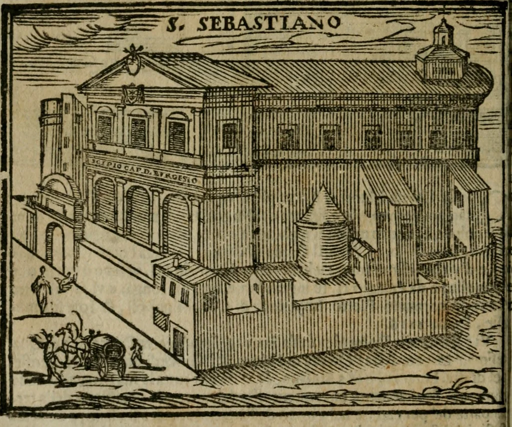 An illustration from Le cose maravigliose di Roma : cioè, chiese, e luoghi pij, con la delineatione dell'edificio, loro historia, ornamenti, pitture, e sculture, co'l nome de' pittori e scultori che l'han fatte : cimiterij, reliquie, corpi santi, stationi, & indulgenze che vi sono ... : la guida romana, che insegna a' forastieri di trouar facilmente le sudette cose ; i nomi de' sommi pontefici, imperatori, rè & altri prencipi christiani : le sette famose marauiglie del mondo : con le poste principali d'Italia & altre cose notabili, 1640, leaf 25