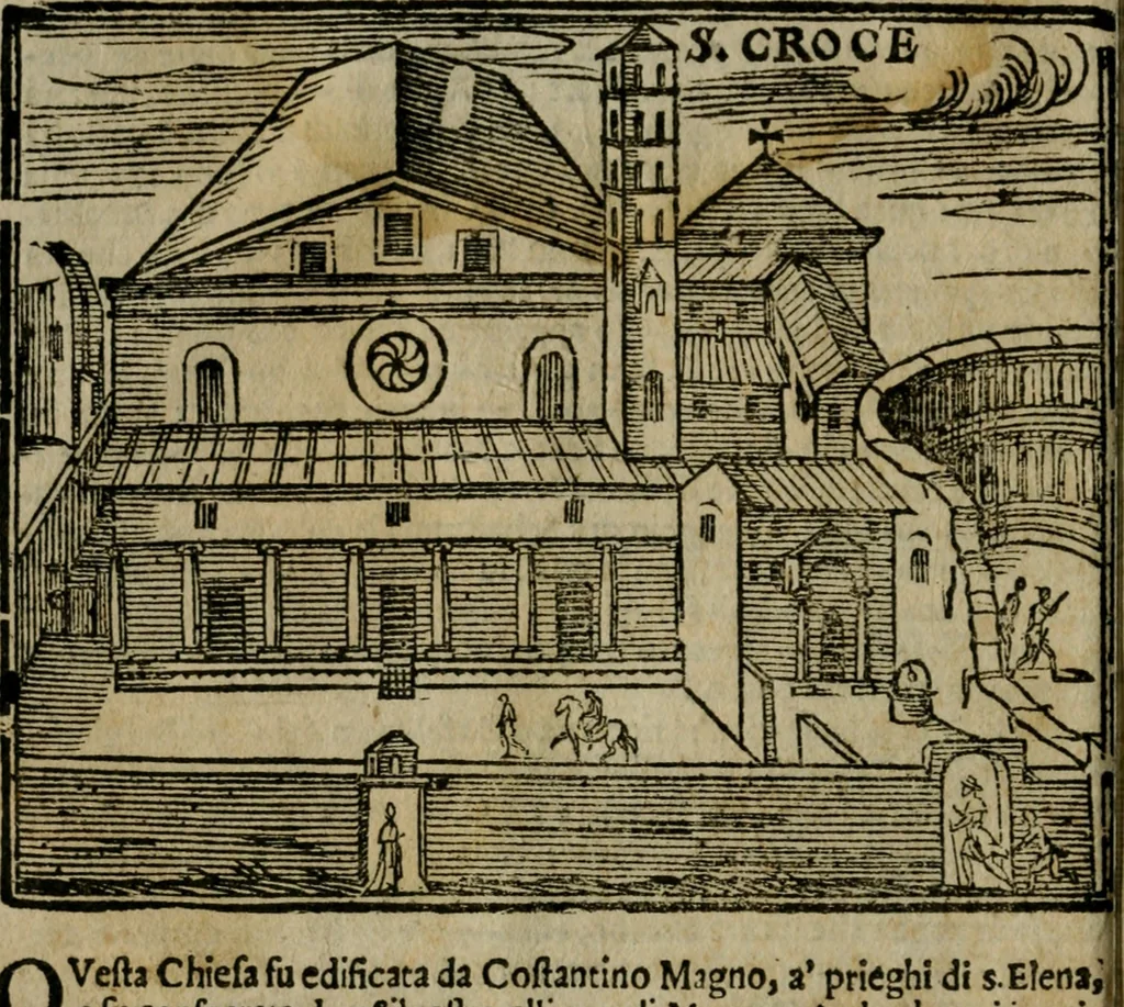 An illustration from Le cose maravigliose di Roma : cioè, chiese, e luoghi pij, con la delineatione dell'edificio, loro historia, ornamenti, pitture, e sculture, co'l nome de' pittori e scultori che l'han fatte : cimiterij, reliquie, corpi santi, stationi, & indulgenze che vi sono ... : la guida romana, che insegna a' forastieri di trouar facilmente le sudette cose ; i nomi de' sommi pontefici, imperatori, rè & altri prencipi christiani : le sette famose marauiglie del mondo : con le poste principali d'Italia & altre cose notabili, 1640, leaf 27