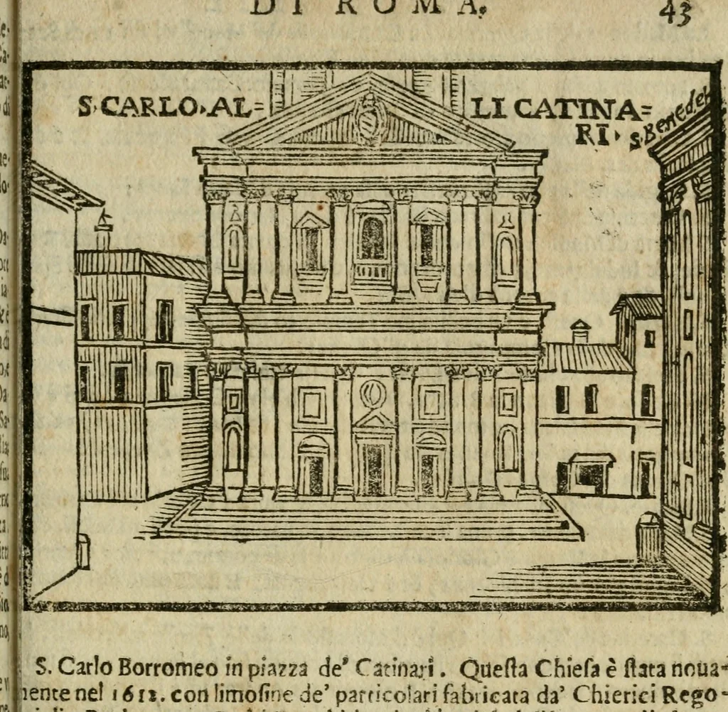 An illustration from Le cose maravigliose di Roma : cioè, chiese, e luoghi pij, con la delineatione dell'edificio, loro historia, ornamenti, pitture, e sculture, co'l nome de' pittori e scultori che l'han fatte : cimiterij, reliquie, corpi santi, stationi, & indulgenze che vi sono ... : la guida romana, che insegna a' forastieri di trouar facilmente le sudette cose ; i nomi de' sommi pontefici, imperatori, rè & altri prencipi christiani : le sette famose marauiglie del mondo : con le poste principali d'Italia & altre cose notabili, 1640, leaf 46