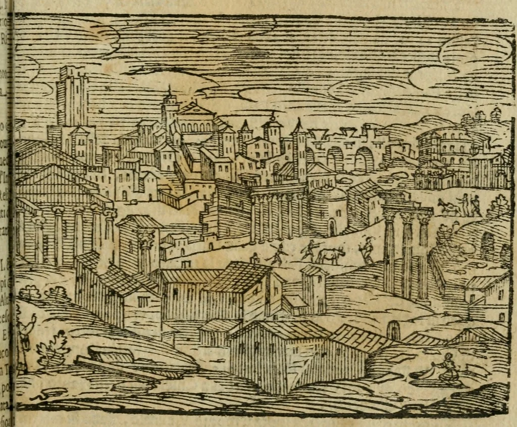 An illustration from Le cose maravigliose di Roma : cioè, chiese, e luoghi pij, con la delineatione dell'edificio, loro historia, ornamenti, pitture, e sculture, co'l nome de' pittori e scultori che l'han fatte : cimiterij, reliquie, corpi santi, stationi, & indulgenze che vi sono ... : la guida romana, che insegna a' forastieri di trouar facilmente le sudette cose ; i nomi de' sommi pontefici, imperatori, rè & altri prencipi christiani : le sette famose marauiglie del mondo : con le poste principali d'Italia & altre cose notabili, 1640, leaf 50