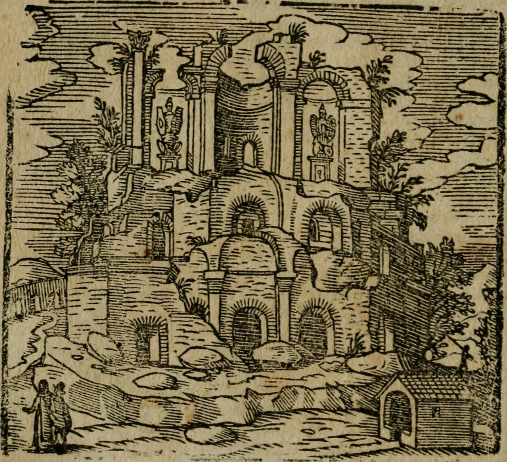 An illustration from Le cose maravigliose di Roma : cioè, chiese, e luoghi pij, con la delineatione dell'edificio, loro historia, ornamenti, pitture, e sculture, co'l nome de' pittori e scultori che l'han fatte : cimiterij, reliquie, corpi santi, stationi, & indulgenze che vi sono ... : la guida romana, che insegna a' forastieri di trouar facilmente le sudette cose ; i nomi de' sommi pontefici, imperatori, rè & altri prencipi christiani : le sette famose marauiglie del mondo : con le poste principali d'Italia & altre cose notabili, 1640, leaf 53