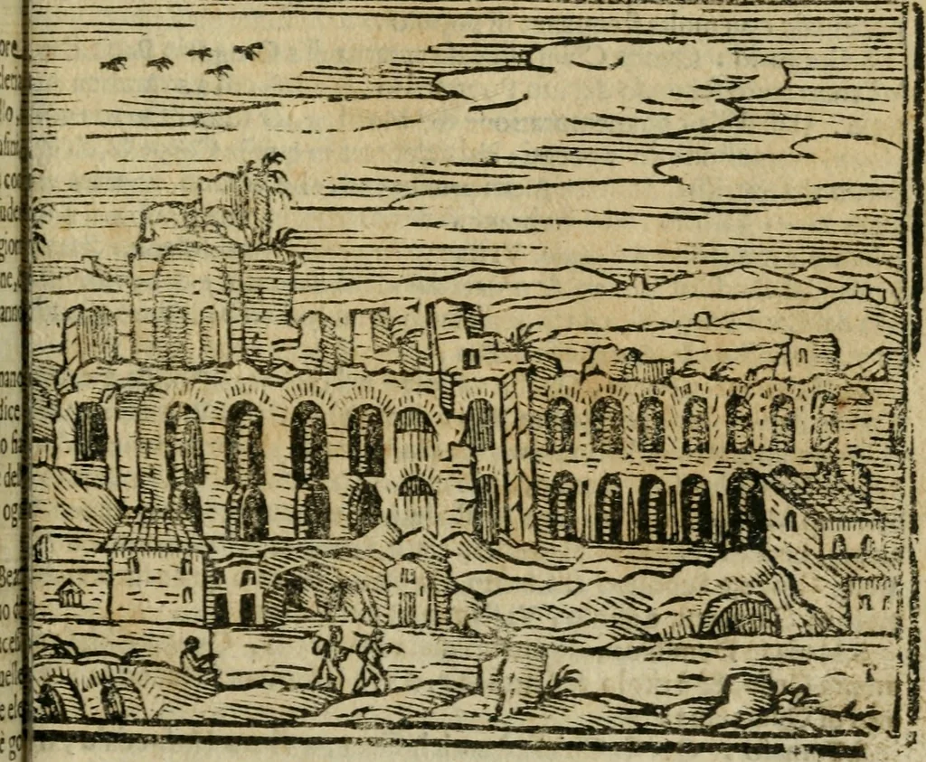An illustration from Le cose maravigliose di Roma : cioè, chiese, e luoghi pij, con la delineatione dell'edificio, loro historia, ornamenti, pitture, e sculture, co'l nome de' pittori e scultori che l'han fatte : cimiterij, reliquie, corpi santi, stationi, & indulgenze che vi sono ... : la guida romana, che insegna a' forastieri di trouar facilmente le sudette cose ; i nomi de' sommi pontefici, imperatori, rè & altri prencipi christiani : le sette famose marauiglie del mondo : con le poste principali d'Italia & altre cose notabili, 1640, leaf 56