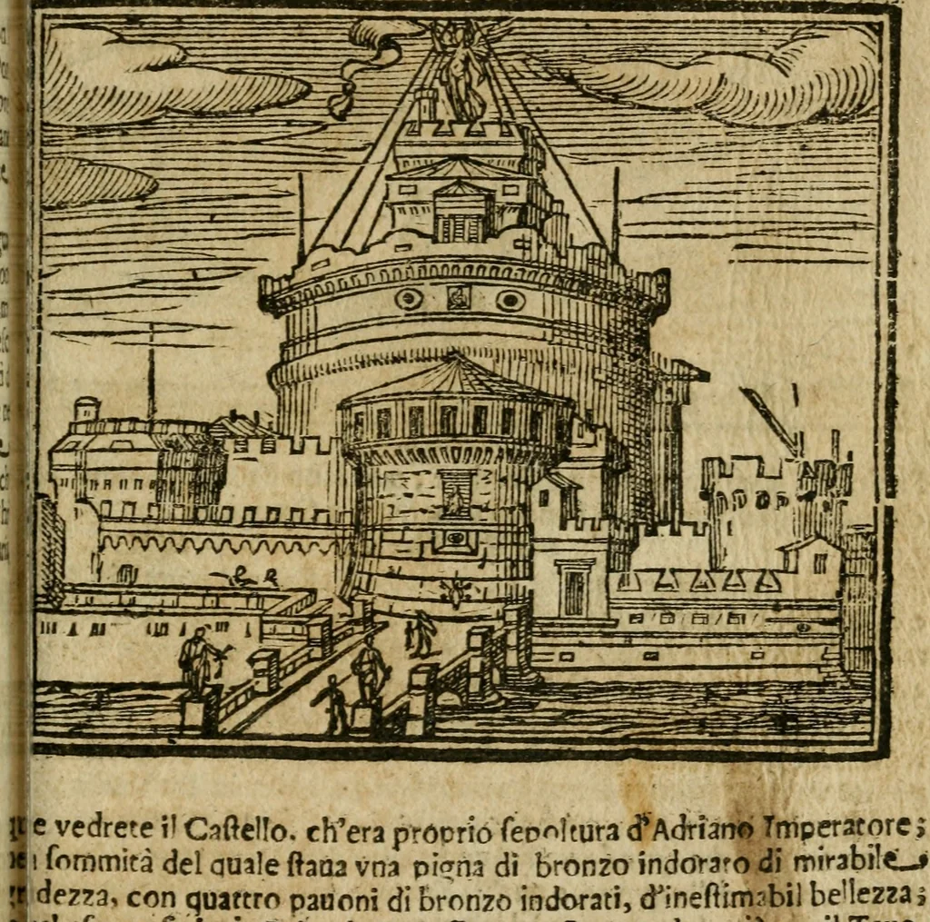 An illustration from Le cose maravigliose di Roma : cioè, chiese, e luoghi pij, con la delineatione dell'edificio, loro historia, ornamenti, pitture, e sculture, co'l nome de' pittori e scultori che l'han fatte : cimiterij, reliquie, corpi santi, stationi, & indulgenze che vi sono ... : la guida romana, che insegna a' forastieri di trouar facilmente le sudette cose ; i nomi de' sommi pontefici, imperatori, rè & altri prencipi christiani : le sette famose marauiglie del mondo : con le poste principali d'Italia & altre cose notabili, 1640, leaf 72