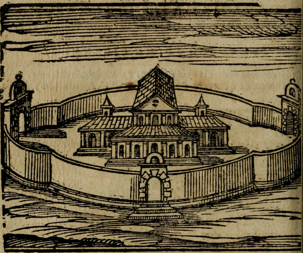 An illustration from Le cose maravigliose di Roma : cioè, chiese, e luoghi pij, con la delineatione dell'edificio, loro historia, ornamenti, pitture, e sculture, co'l nome de' pittori e scultori che l'han fatte : cimiterij, reliquie, corpi santi, stationi, & indulgenze che vi sono ... : la guida romana, che insegna a' forastieri di trouar facilmente le sudette cose ; i nomi de' sommi pontefici, imperatori, rè & altri prencipi christiani : le sette famose marauiglie del mondo : con le poste principali d'Italia & altre cose notabili, 1640, leaf 73