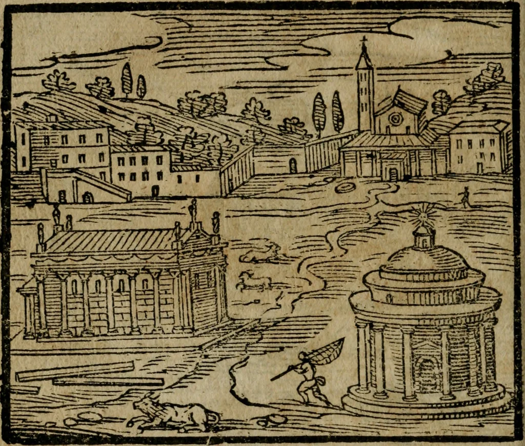 An illustration from Le cose maravigliose di Roma : cioè, chiese, e luoghi pij, con la delineatione dell'edificio, loro historia, ornamenti, pitture, e sculture, co'l nome de' pittori e scultori che l'han fatte : cimiterij, reliquie, corpi santi, stationi, & indulgenze che vi sono ... : la guida romana, che insegna a' forastieri di trouar facilmente le sudette cose ; i nomi de' sommi pontefici, imperatori, rè & altri prencipi christiani : le sette famose marauiglie del mondo : con le poste principali d'Italia & altre cose notabili, 1640, leaf 75