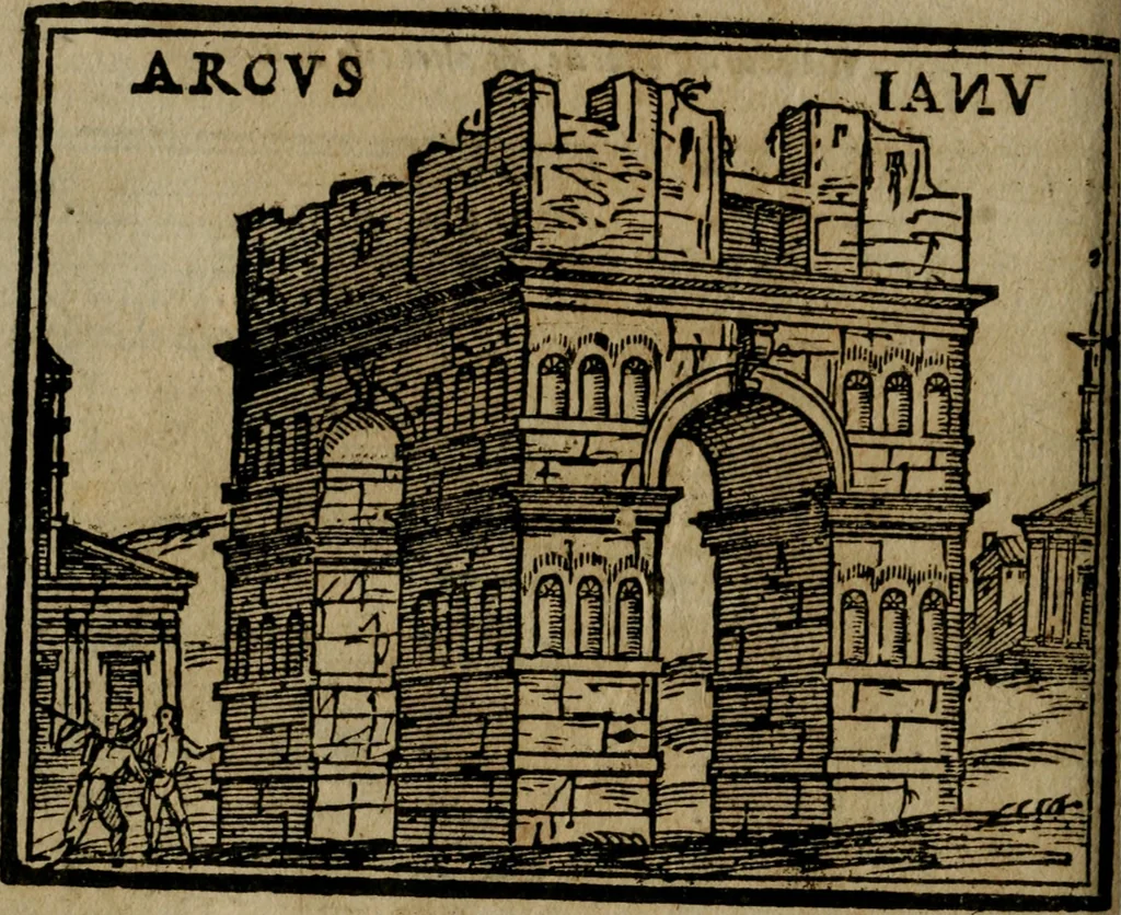 An illustration from Le cose maravigliose di Roma : cioè, chiese, e luoghi pij, con la delineatione dell'edificio, loro historia, ornamenti, pitture, e sculture, co'l nome de' pittori e scultori che l'han fatte : cimiterij, reliquie, corpi santi, stationi, & indulgenze che vi sono ... : la guida romana, che insegna a' forastieri di trouar facilmente le sudette cose ; i nomi de' sommi pontefici, imperatori, rè & altri prencipi christiani : le sette famose marauiglie del mondo : con le poste principali d'Italia & altre cose notabili, 1640, leaf 77