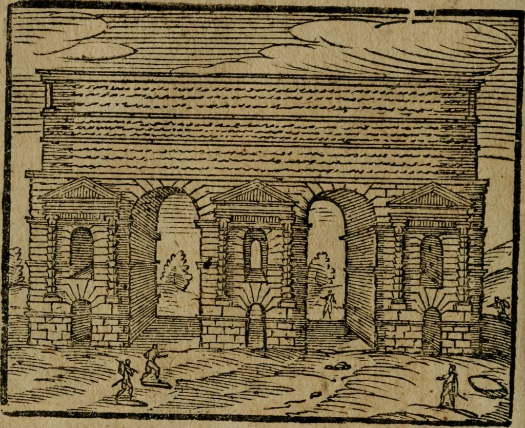 An illustration from Le cose maravigliose di Roma : cioè, chiese, e luoghi pij, con la delineatione dell'edificio, loro historia, ornamenti, pitture, e sculture, co'l nome de' pittori e scultori che l'han fatte : cimiterij, reliquie, corpi santi, stationi, & indulgenze che vi sono ... : la guida romana, che insegna a' forastieri di trouar facilmente le sudette cose ; i nomi de' sommi pontefici, imperatori, rè & altri prencipi christiani : le sette famose marauiglie del mondo : con le poste principali d'Italia & altre cose notabili, 1640, leaf 79