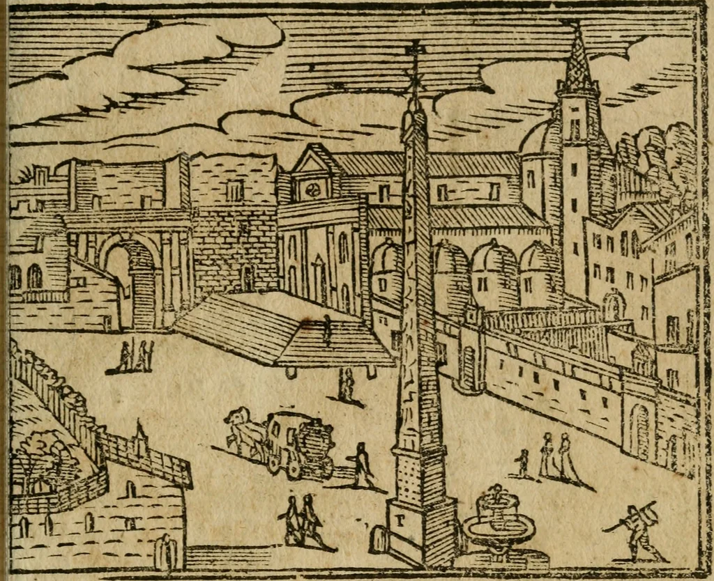 An illustration from Le cose maravigliose di Roma : cioè, chiese, e luoghi pij, con la delineatione dell'edificio, loro historia, ornamenti, pitture, e sculture, co'l nome de' pittori e scultori che l'han fatte : cimiterij, reliquie, corpi santi, stationi, & indulgenze che vi sono ... : la guida romana, che insegna a' forastieri di trouar facilmente le sudette cose ; i nomi de' sommi pontefici, imperatori, rè & altri prencipi christiani : le sette famose marauiglie del mondo : con le poste principali d'Italia & altre cose notabili, 1640, leaf 80