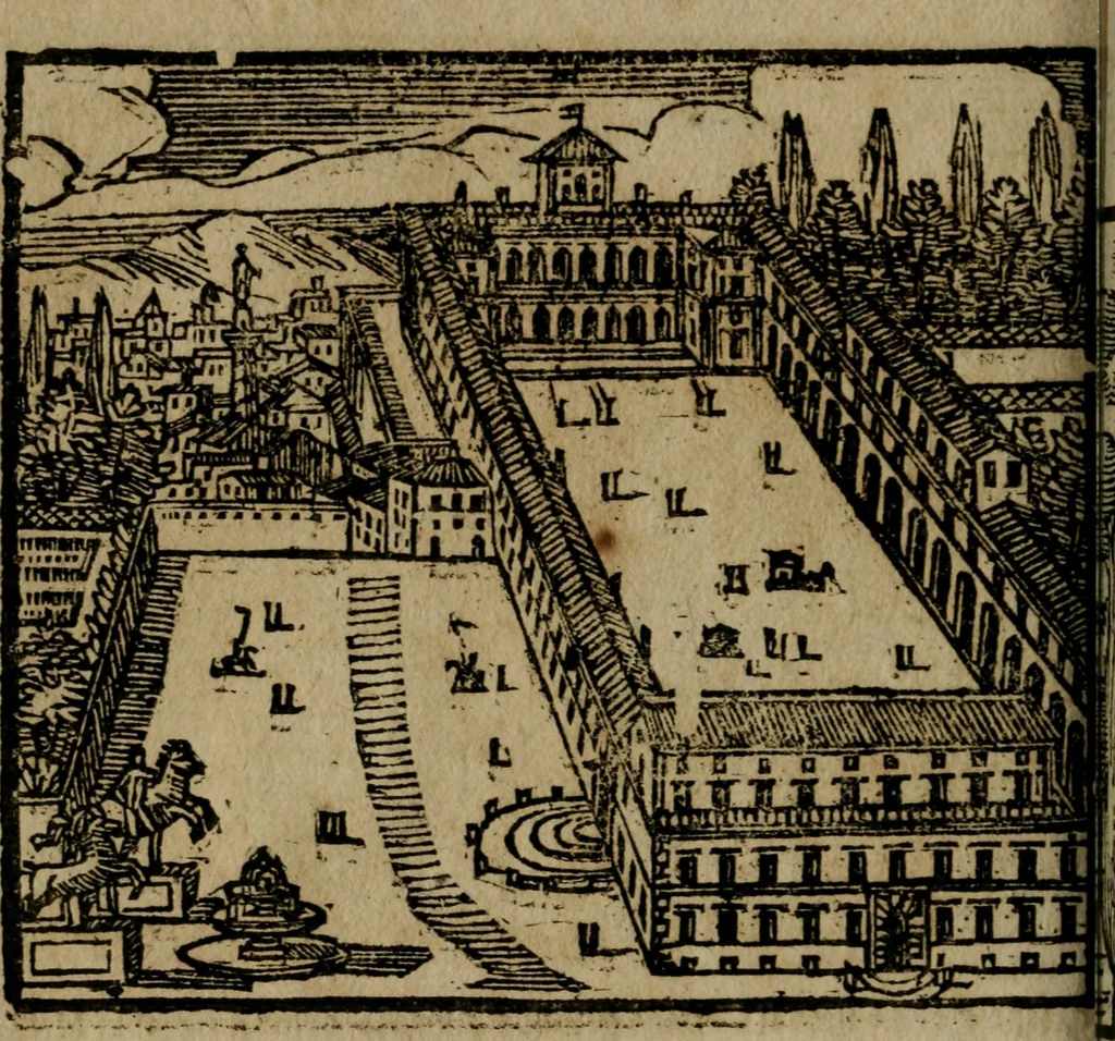 An illustration from Le cose maravigliose di Roma : cioè, chiese, e luoghi pij, con la delineatione dell'edificio, loro historia, ornamenti, pitture, e sculture, co'l nome de' pittori e scultori che l'han fatte : cimiterij, reliquie, corpi santi, stationi, & indulgenze che vi sono ... : la guida romana, che insegna a' forastieri di trouar facilmente le sudette cose ; i nomi de' sommi pontefici, imperatori, rè & altri prencipi christiani : le sette famose marauiglie del mondo : con le poste principali d'Italia & altre cose notabili, 1640, leaf 81
