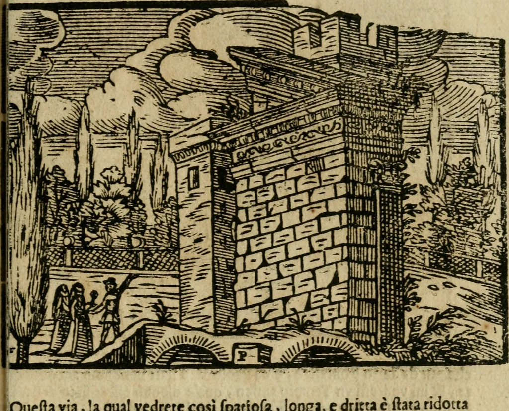 An illustration from Le cose maravigliose di Roma : cioè, chiese, e luoghi pij, con la delineatione dell'edificio, loro historia, ornamenti, pitture, e sculture, co'l nome de' pittori e scultori che l'han fatte : cimiterij, reliquie, corpi santi, stationi, & indulgenze che vi sono ... : la guida romana, che insegna a' forastieri di trouar facilmente le sudette cose ; i nomi de' sommi pontefici, imperatori, rè & altri prencipi christiani : le sette famose marauiglie del mondo : con le poste principali d'Italia & altre cose notabili, 1640, leaf 82