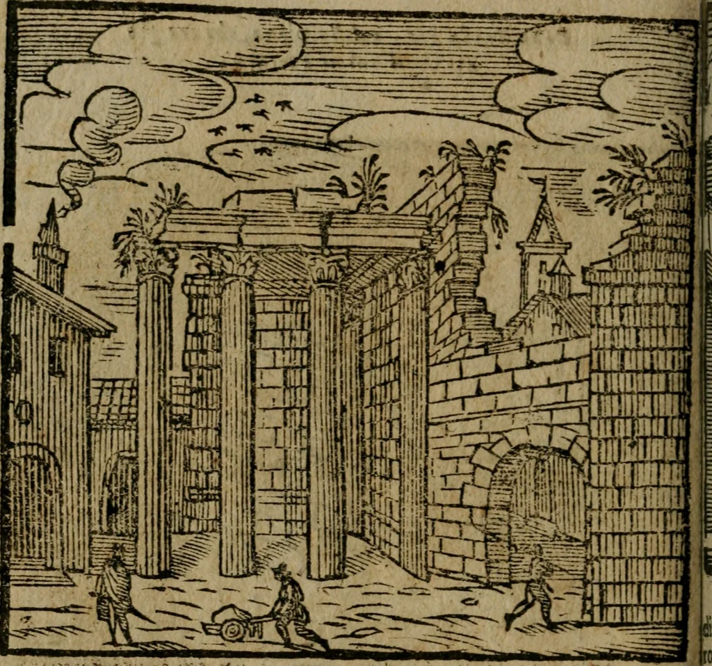 An illustration from Le cose maravigliose di Roma : cioè, chiese, e luoghi pij, con la delineatione dell'edificio, loro historia, ornamenti, pitture, e sculture, co'l nome de' pittori e scultori che l'han fatte : cimiterij, reliquie, corpi santi, stationi, & indulgenze che vi sono ... : la guida romana, che insegna a' forastieri di trouar facilmente le sudette cose ; i nomi de' sommi pontefici, imperatori, rè & altri prencipi christiani : le sette famose marauiglie del mondo : con le poste principali d'Italia & altre cose notabili, 1640, leaf 83