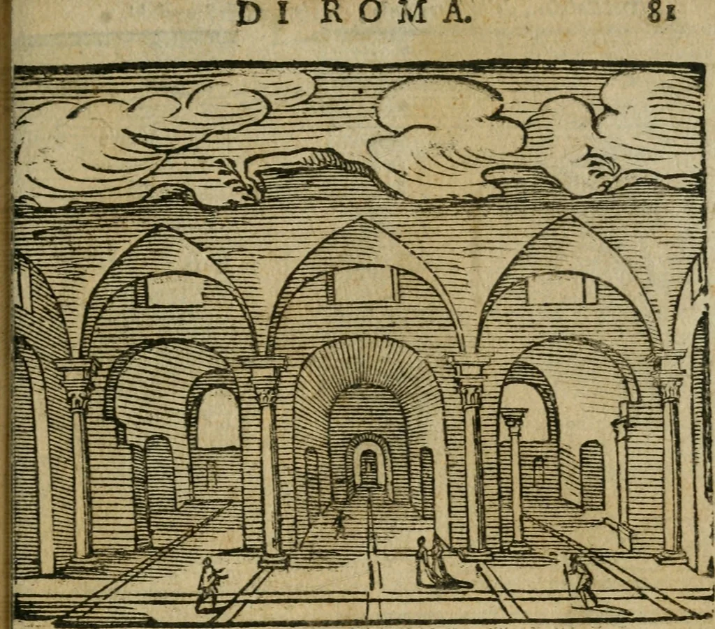 An illustration from Le cose maravigliose di Roma : cioè, chiese, e luoghi pij, con la delineatione dell'edificio, loro historia, ornamenti, pitture, e sculture, co'l nome de' pittori e scultori che l'han fatte : cimiterij, reliquie, corpi santi, stationi, & indulgenze che vi sono ... : la guida romana, che insegna a' forastieri di trouar facilmente le sudette cose ; i nomi de' sommi pontefici, imperatori, rè & altri prencipi christiani : le sette famose marauiglie del mondo : con le poste principali d'Italia & altre cose notabili, 1640, leaf 84