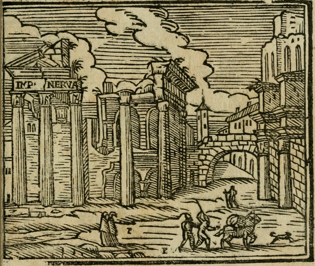 An illustration from Le cose maravigliose di Roma : cioè, chiese, e luoghi pij, con la delineatione dell'edificio, loro historia, ornamenti, pitture, e sculture, co'l nome de' pittori e scultori che l'han fatte : cimiterij, reliquie, corpi santi, stationi, & indulgenze che vi sono ... : la guida romana, che insegna a' forastieri di trouar facilmente le sudette cose ; i nomi de' sommi pontefici, imperatori, rè & altri prencipi christiani : le sette famose marauiglie del mondo : con le poste principali d'Italia & altre cose notabili, 1640, leaf 88
