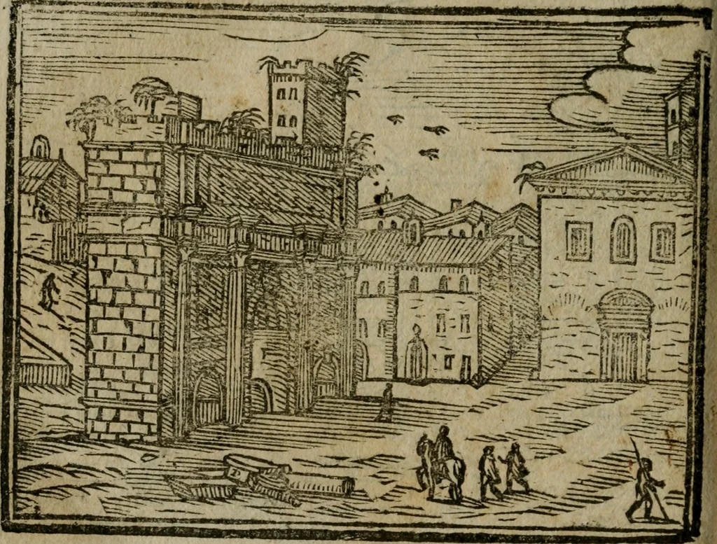 An illustration from Le cose maravigliose di Roma : cioè, chiese, e luoghi pij, con la delineatione dell'edificio, loro historia, ornamenti, pitture, e sculture, co'l nome de' pittori e scultori che l'han fatte : cimiterij, reliquie, corpi santi, stationi, & indulgenze che vi sono ... : la guida romana, che insegna a' forastieri di trouar facilmente le sudette cose ; i nomi de' sommi pontefici, imperatori, rè & altri prencipi christiani : le sette famose marauiglie del mondo : con le poste principali d'Italia & altre cose notabili, 1640, leaf 89