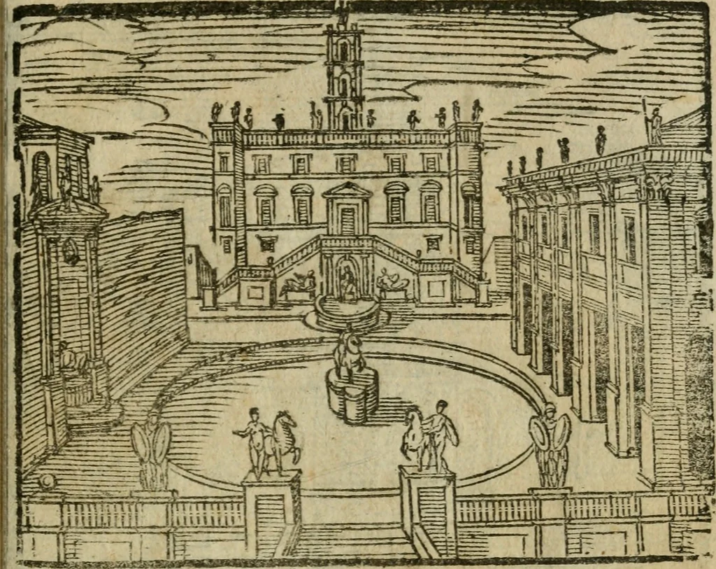 An illustration from Le cose maravigliose di Roma : cioè, chiese, e luoghi pij, con la delineatione dell'edificio, loro historia, ornamenti, pitture, e sculture, co'l nome de' pittori e scultori che l'han fatte : cimiterij, reliquie, corpi santi, stationi, & indulgenze che vi sono ... : la guida romana, che insegna a' forastieri di trouar facilmente le sudette cose ; i nomi de' sommi pontefici, imperatori, rè & altri prencipi christiani : le sette famose marauiglie del mondo : con le poste principali d'Italia & altre cose notabili, 1640, leaf 90