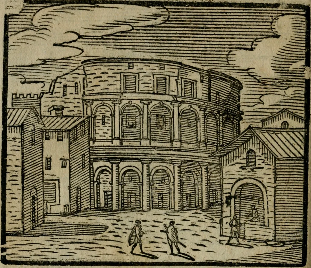 An illustration from Le cose maravigliose di Roma : cioè, chiese, e luoghi pij, con la delineatione dell'edificio, loro historia, ornamenti, pitture, e sculture, co'l nome de' pittori e scultori che l'han fatte : cimiterij, reliquie, corpi santi, stationi, & indulgenze che vi sono ... : la guida romana, che insegna a' forastieri di trouar facilmente le sudette cose ; i nomi de' sommi pontefici, imperatori, rè & altri prencipi christiani : le sette famose marauiglie del mondo : con le poste principali d'Italia & altre cose notabili, 1640, leaf 91