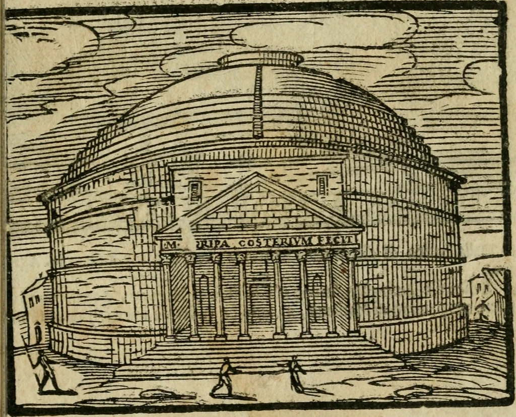 An illustration from Le cose maravigliose di Roma : cioè, chiese, e luoghi pij, con la delineatione dell'edificio, loro historia, ornamenti, pitture, e sculture, co'l nome de' pittori e scultori che l'han fatte : cimiterij, reliquie, corpi santi, stationi, & indulgenze che vi sono ... : la guida romana, che insegna a' forastieri di trouar facilmente le sudette cose ; i nomi de' sommi pontefici, imperatori, rè & altri prencipi christiani : le sette famose marauiglie del mondo : con le poste principali d'Italia & altre cose notabili, 1640, leaf 92