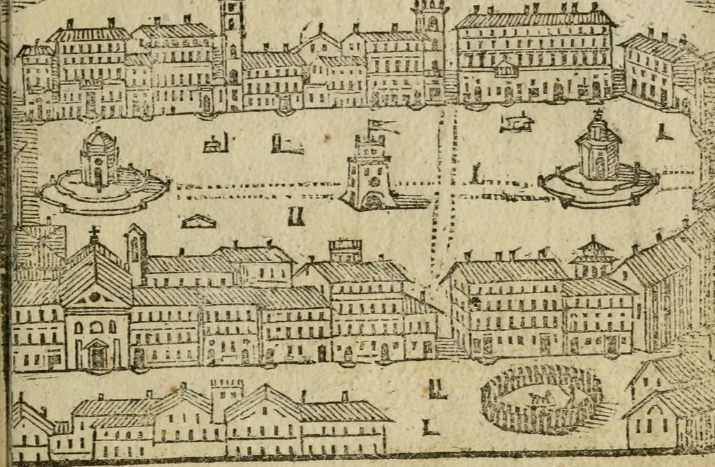An illustration from Le cose maravigliose di Roma : cioè, chiese, e luoghi pij, con la delineatione dell'edificio, loro historia, ornamenti, pitture, e sculture, co'l nome de' pittori e scultori che l'han fatte : cimiterij, reliquie, corpi santi, stationi, & indulgenze che vi sono ... : la guida romana, che insegna a' forastieri di trouar facilmente le sudette cose ; i nomi de' sommi pontefici, imperatori, rè & altri prencipi christiani : le sette famose marauiglie del mondo : con le poste principali d'Italia & altre cose notabili, 1640, leaf 94