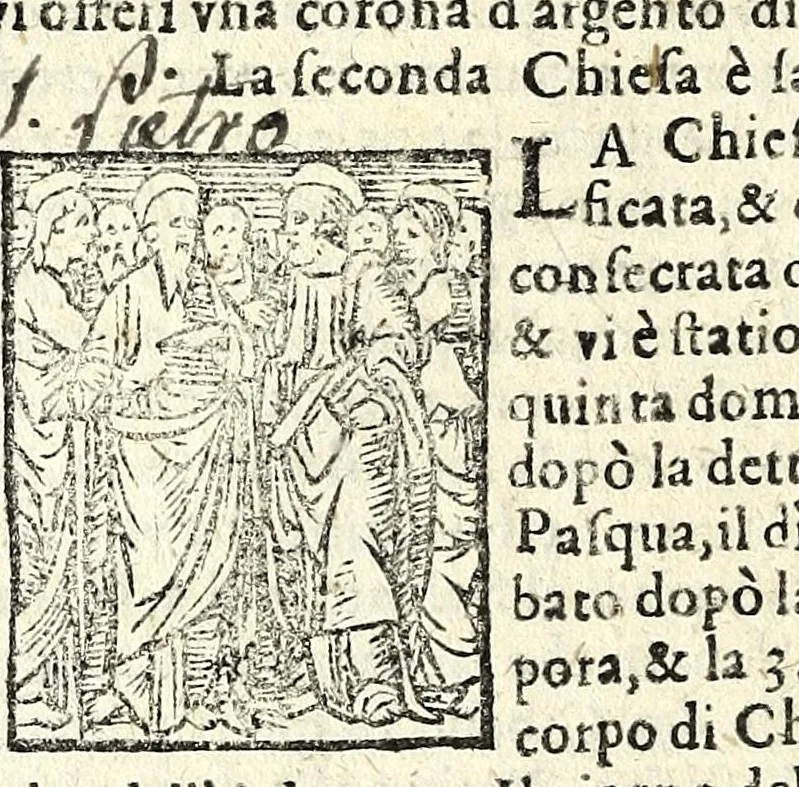 An illustration from Le cose maravigliose dell'alma citta di Roma : doue si tratta delle chiese, stationi, & reliquie de'corpi santi, che vi sono : con vn trattato d'acquistar l'indulgentie : la guida romana che insegna facilmente a i forastieri a ritrouare le più notabil cose di Roma : li nomi de i sommi pontefici, imperatori, & altri principi christiani : l'antichità di Roma breuemente raccolta : et vn discorso sopra i fuochi de gli antichi : con le poste d'Italia : tutti nuouamente purgati, & corretti, 1585, leaf 10
