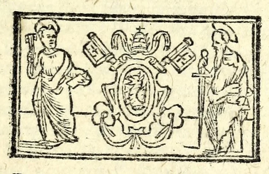An illustration from Le cose maravigliose dell'alma citta di Roma : doue si tratta delle chiese, stationi, & reliquie de'corpi santi, che vi sono : con vn trattato d'acquistar l'indulgentie : la guida romana che insegna facilmente a i forastieri a ritrouare le più notabil cose di Roma : li nomi de i sommi pontefici, imperatori, & altri principi christiani : l'antichità di Roma breuemente raccolta : et vn discorso sopra i fuochi de gli antichi : con le poste d'Italia : tutti nuouamente purgati, & corretti, 1585, leaf 5