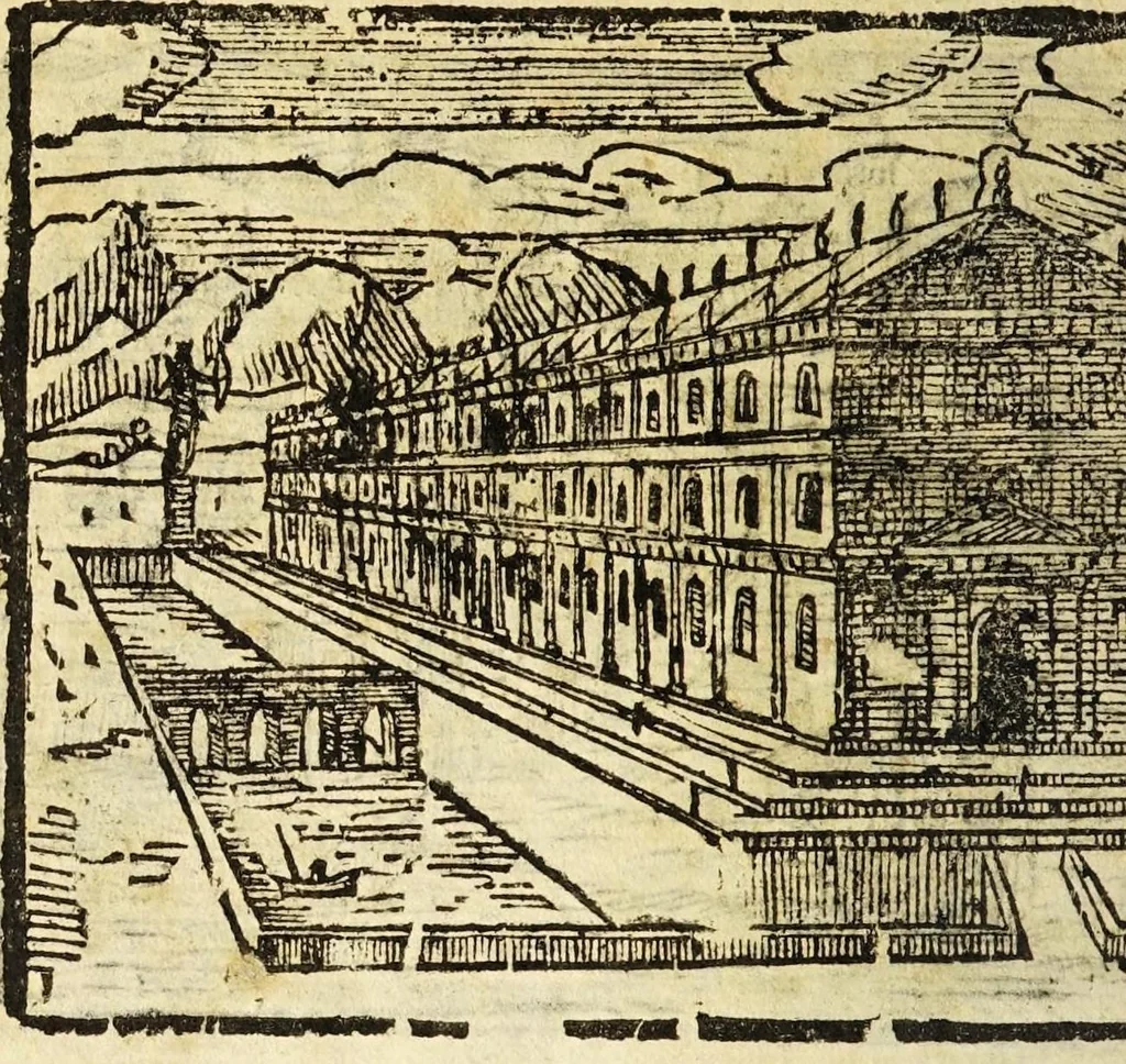 An illustration from Le cose merauigliose dell'alma città di Roma : doue si tratta delle chiese, stationi, reliquie corpi santi, che vi sono, e diuersi maritaggi di pouere zitelle, che si fanno : con la guida romana, che insegna facilmente à forastieri di ritrouare le cose più notabili di Roma : li nomi de' sommi pontefici, imperatori, & altri principi christiani, con le principali poste d'Italia : con aggiunta d'altre cose sacre da Clemente VIII, Paolo V, Vrbano VIII, Innocentio X & Alessandro VII : con le sette merauiglie del mondo, & altre cose notabili, 1666, leaf 114