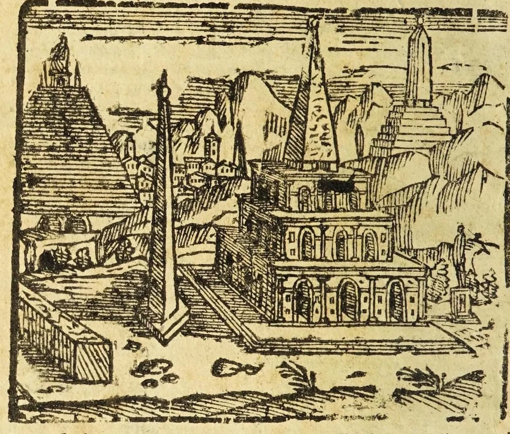 An illustration from Le cose merauigliose dell'alma città di Roma : doue si tratta delle chiese, stationi, reliquie corpi santi, che vi sono, e diuersi maritaggi di pouere zitelle, che si fanno : con la guida romana, che insegna facilmente à forastieri di ritrouare le cose più notabili di Roma : li nomi de' sommi pontefici, imperatori, & altri principi christiani, con le principali poste d'Italia : con aggiunta d'altre cose sacre da Clemente VIII, Paolo V, Vrbano VIII, Innocentio X & Alessandro VII : con le sette merauiglie del mondo, & altre cose notabili, 1666, leaf 116