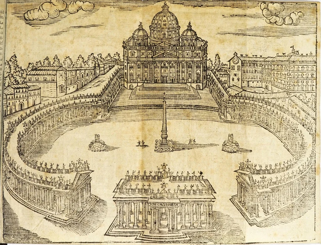 An illustration from Le cose merauigliose dell'alma città di Roma : doue si tratta delle chiese, stationi, reliquie corpi santi, che vi sono, e diuersi maritaggi di pouere zitelle, che si fanno : con la guida romana, che insegna facilmente à forastieri di ritrouare le cose più notabili di Roma : li nomi de' sommi pontefici, imperatori, & altri principi christiani, con le principali poste d'Italia : con aggiunta d'altre cose sacre da Clemente VIII, Paolo V, Vrbano VIII, Innocentio X & Alessandro VII : con le sette merauiglie del mondo, & altre cose notabili, 1666, leaf 13