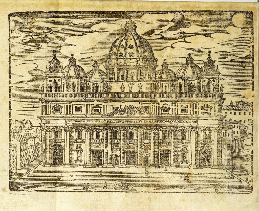An illustration from Le cose merauigliose dell'alma città di Roma : doue si tratta delle chiese, stationi, reliquie corpi santi, che vi sono, e diuersi maritaggi di pouere zitelle, che si fanno : con la guida romana, che insegna facilmente à forastieri di ritrouare le cose più notabili di Roma : li nomi de' sommi pontefici, imperatori, & altri principi christiani, con le principali poste d'Italia : con aggiunta d'altre cose sacre da Clemente VIII, Paolo V, Vrbano VIII, Innocentio X & Alessandro VII : con le sette merauiglie del mondo, & altre cose notabili, 1666, leaf 14