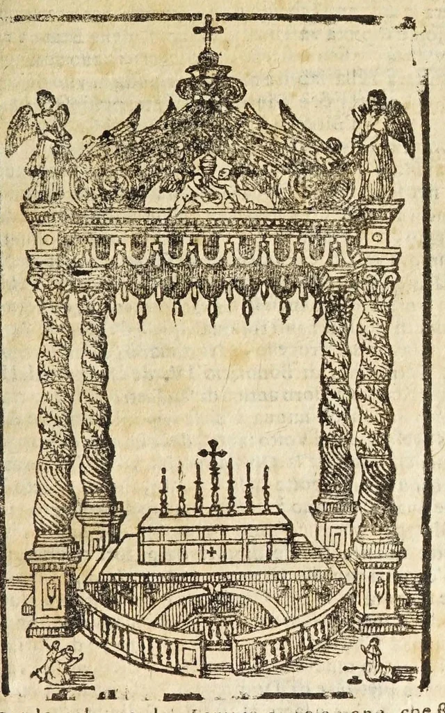 An illustration from Le cose merauigliose dell'alma città di Roma : doue si tratta delle chiese, stationi, reliquie corpi santi, che vi sono, e diuersi maritaggi di pouere zitelle, che si fanno : con la guida romana, che insegna facilmente à forastieri di ritrouare le cose più notabili di Roma : li nomi de' sommi pontefici, imperatori, & altri principi christiani, con le principali poste d'Italia : con aggiunta d'altre cose sacre da Clemente VIII, Paolo V, Vrbano VIII, Innocentio X & Alessandro VII : con le sette merauiglie del mondo, & altre cose notabili, 1666, leaf 19