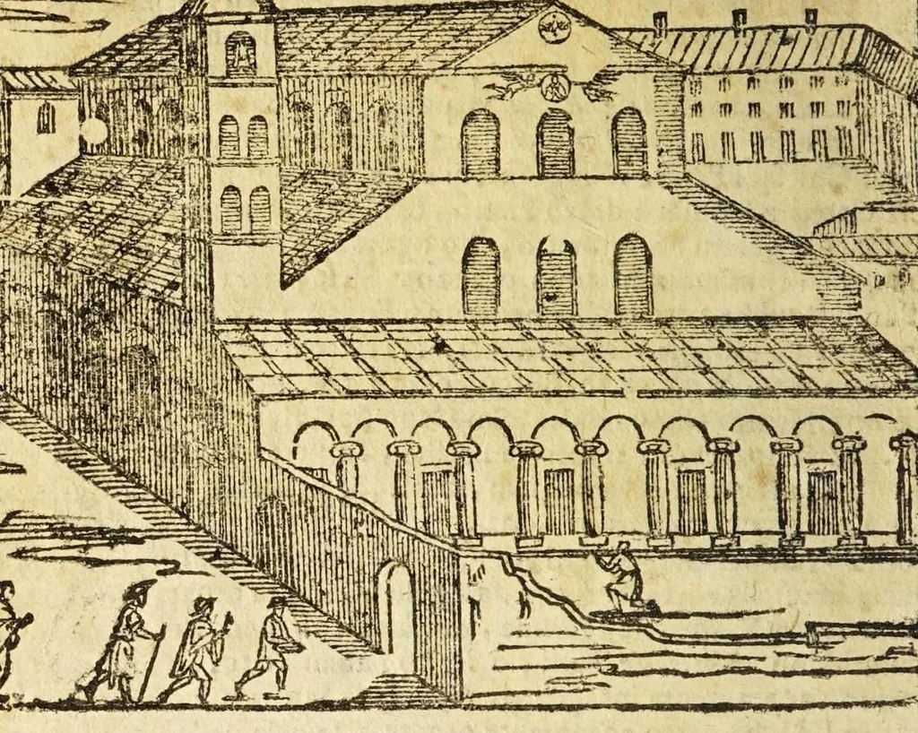 An illustration from Le cose merauigliose dell'alma città di Roma : doue si tratta delle chiese, stationi, reliquie corpi santi, che vi sono, e diuersi maritaggi di pouere zitelle, che si fanno : con la guida romana, che insegna facilmente à forastieri di ritrouare le cose più notabili di Roma : li nomi de' sommi pontefici, imperatori, & altri principi christiani, con le principali poste d'Italia : con aggiunta d'altre cose sacre da Clemente VIII, Paolo V, Vrbano VIII, Innocentio X & Alessandro VII : con le sette merauiglie del mondo, & altre cose notabili, 1666, leaf 22
