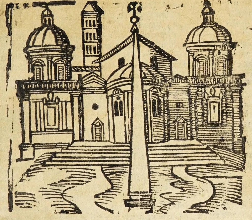 An illustration from Le cose merauigliose dell'alma città di Roma : doue si tratta delle chiese, stationi, reliquie corpi santi, che vi sono, e diuersi maritaggi di pouere zitelle, che si fanno : con la guida romana, che insegna facilmente à forastieri di ritrouare le cose più notabili di Roma : li nomi de' sommi pontefici, imperatori, & altri principi christiani, con le principali poste d'Italia : con aggiunta d'altre cose sacre da Clemente VIII, Paolo V, Vrbano VIII, Innocentio X & Alessandro VII : con le sette merauiglie del mondo, & altre cose notabili, 1666, leaf 25