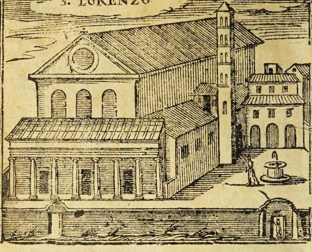 An illustration from Le cose merauigliose dell'alma città di Roma : doue si tratta delle chiese, stationi, reliquie corpi santi, che vi sono, e diuersi maritaggi di pouere zitelle, che si fanno : con la guida romana, che insegna facilmente à forastieri di ritrouare le cose più notabili di Roma : li nomi de' sommi pontefici, imperatori, & altri principi christiani, con le principali poste d'Italia : con aggiunta d'altre cose sacre da Clemente VIII, Paolo V, Vrbano VIII, Innocentio X & Alessandro VII : con le sette merauiglie del mondo, & altre cose notabili, 1666, leaf 28