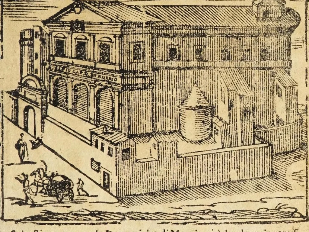 An illustration from Le cose merauigliose dell'alma città di Roma : doue si tratta delle chiese, stationi, reliquie corpi santi, che vi sono, e diuersi maritaggi di pouere zitelle, che si fanno : con la guida romana, che insegna facilmente à forastieri di ritrouare le cose più notabili di Roma : li nomi de' sommi pontefici, imperatori, & altri principi christiani, con le principali poste d'Italia : con aggiunta d'altre cose sacre da Clemente VIII, Paolo V, Vrbano VIII, Innocentio X & Alessandro VII : con le sette merauiglie del mondo, & altre cose notabili, 1666, leaf 29