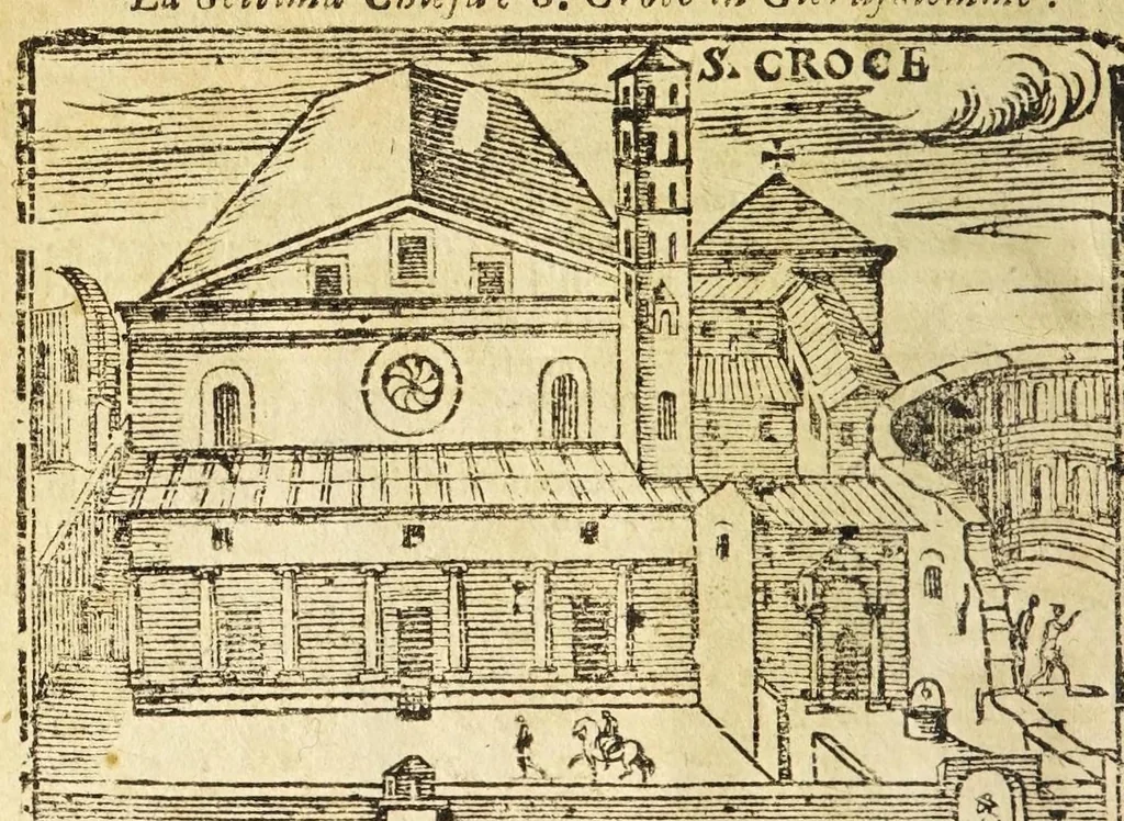 An illustration from Le cose merauigliose dell'alma città di Roma : doue si tratta delle chiese, stationi, reliquie corpi santi, che vi sono, e diuersi maritaggi di pouere zitelle, che si fanno : con la guida romana, che insegna facilmente à forastieri di ritrouare le cose più notabili di Roma : li nomi de' sommi pontefici, imperatori, & altri principi christiani, con le principali poste d'Italia : con aggiunta d'altre cose sacre da Clemente VIII, Paolo V, Vrbano VIII, Innocentio X & Alessandro VII : con le sette merauiglie del mondo, & altre cose notabili, 1666, leaf 30