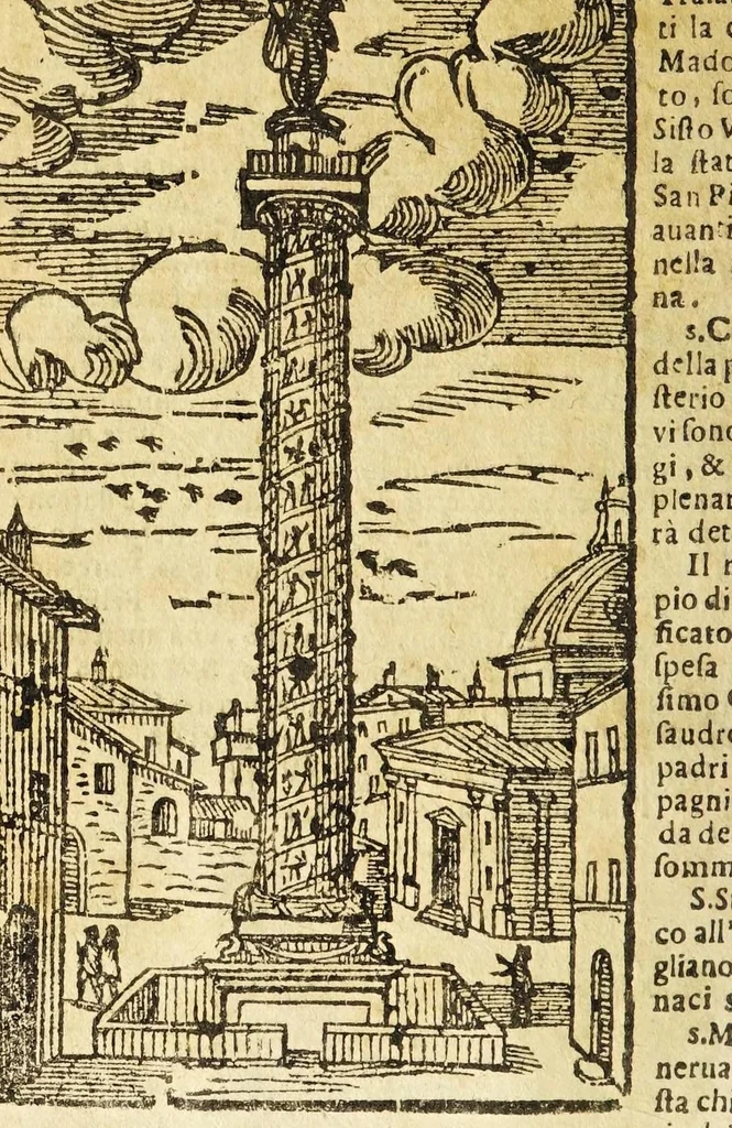 An illustration from Le cose merauigliose dell'alma città di Roma : doue si tratta delle chiese, stationi, reliquie corpi santi, che vi sono, e diuersi maritaggi di pouere zitelle, che si fanno : con la guida romana, che insegna facilmente à forastieri di ritrouare le cose più notabili di Roma : li nomi de' sommi pontefici, imperatori, & altri principi christiani, con le principali poste d'Italia : con aggiunta d'altre cose sacre da Clemente VIII, Paolo V, Vrbano VIII, Innocentio X & Alessandro VII : con le sette merauiglie del mondo, & altre cose notabili, 1666, leaf 44