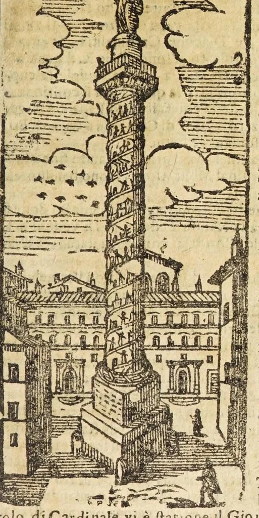 An illustration from Le cose merauigliose dell'alma città di Roma : doue si tratta delle chiese, stationi, reliquie corpi santi, che vi sono, e diuersi maritaggi di pouere zitelle, che si fanno : con la guida romana, che insegna facilmente à forastieri di ritrouare le cose più notabili di Roma : li nomi de' sommi pontefici, imperatori, & altri principi christiani, con le principali poste d'Italia : con aggiunta d'altre cose sacre da Clemente VIII, Paolo V, Vrbano VIII, Innocentio X & Alessandro VII : con le sette merauiglie del mondo, & altre cose notabili, 1666, leaf 47