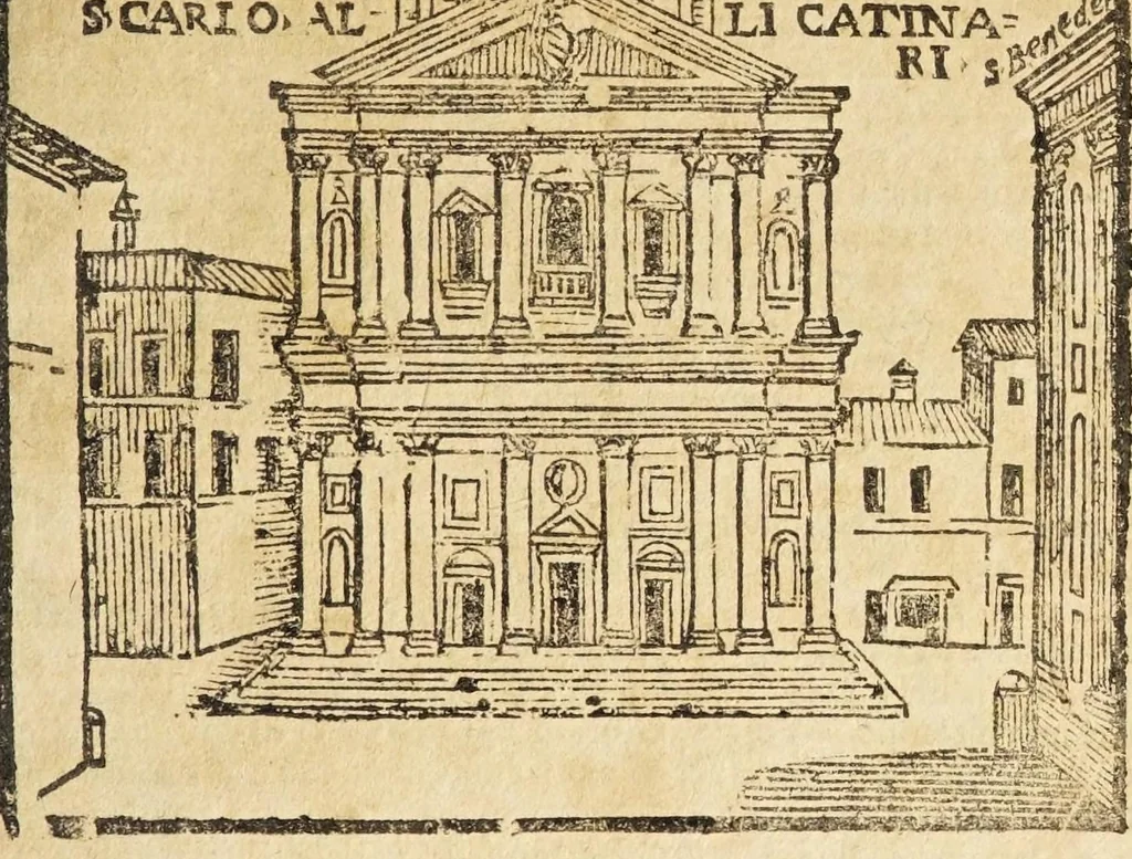 An illustration from Le cose merauigliose dell'alma città di Roma : doue si tratta delle chiese, stationi, reliquie corpi santi, che vi sono, e diuersi maritaggi di pouere zitelle, che si fanno : con la guida romana, che insegna facilmente à forastieri di ritrouare le cose più notabili di Roma : li nomi de' sommi pontefici, imperatori, & altri principi christiani, con le principali poste d'Italia : con aggiunta d'altre cose sacre da Clemente VIII, Paolo V, Vrbano VIII, Innocentio X & Alessandro VII : con le sette merauiglie del mondo, & altre cose notabili, 1666, leaf 51