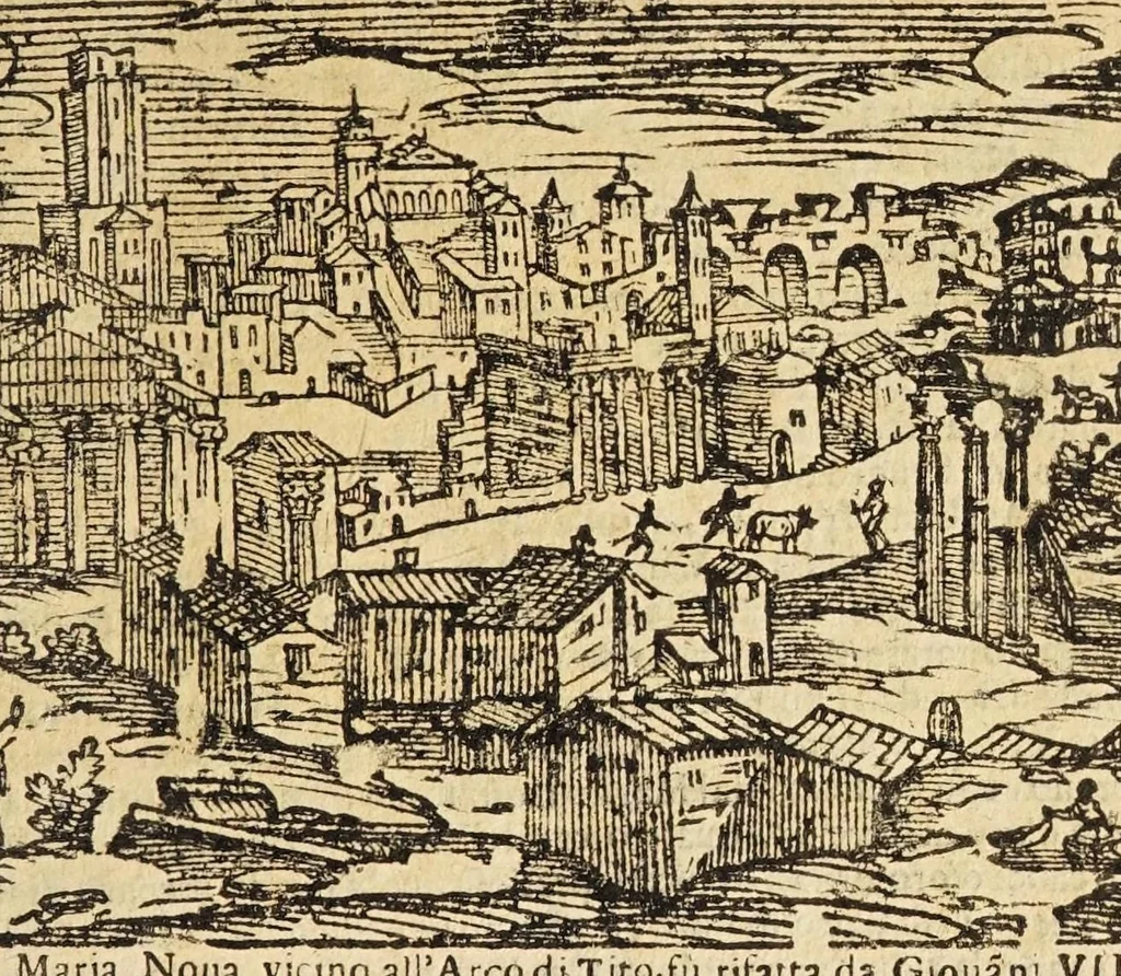 An illustration from Le cose merauigliose dell'alma città di Roma : doue si tratta delle chiese, stationi, reliquie corpi santi, che vi sono, e diuersi maritaggi di pouere zitelle, che si fanno : con la guida romana, che insegna facilmente à forastieri di ritrouare le cose più notabili di Roma : li nomi de' sommi pontefici, imperatori, & altri principi christiani, con le principali poste d'Italia : con aggiunta d'altre cose sacre da Clemente VIII, Paolo V, Vrbano VIII, Innocentio X & Alessandro VII : con le sette merauiglie del mondo, & altre cose notabili, 1666, leaf 55