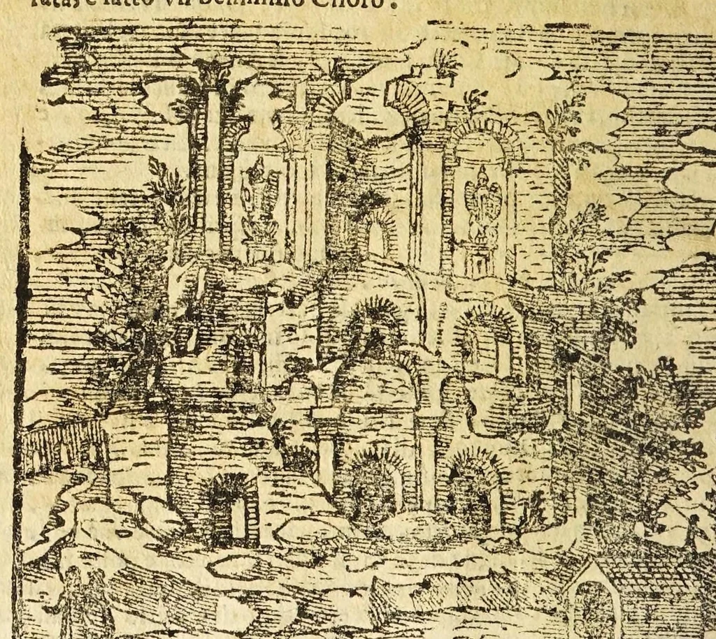 An illustration from Le cose merauigliose dell'alma città di Roma : doue si tratta delle chiese, stationi, reliquie corpi santi, che vi sono, e diuersi maritaggi di pouere zitelle, che si fanno : con la guida romana, che insegna facilmente à forastieri di ritrouare le cose più notabili di Roma : li nomi de' sommi pontefici, imperatori, & altri principi christiani, con le principali poste d'Italia : con aggiunta d'altre cose sacre da Clemente VIII, Paolo V, Vrbano VIII, Innocentio X & Alessandro VII : con le sette merauiglie del mondo, & altre cose notabili, 1666, leaf 58