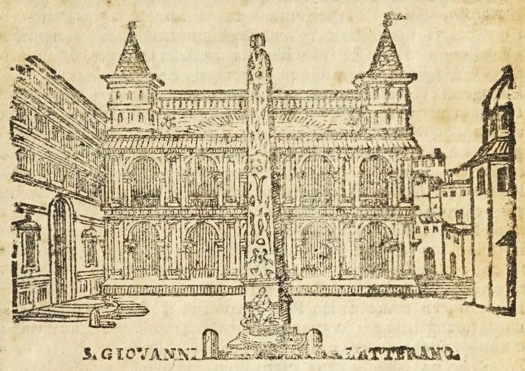 An illustration from Le cose merauigliose dell'alma città di Roma : doue si tratta delle chiese, stationi, reliquie corpi santi, che vi sono, e diuersi maritaggi di pouere zitelle, che si fanno : con la guida romana, che insegna facilmente à forastieri di ritrouare le cose più notabili di Roma : li nomi de' sommi pontefici, imperatori, & altri principi christiani, con le principali poste d'Italia : con aggiunta d'altre cose sacre da Clemente VIII, Paolo V, Vrbano VIII, Innocentio X & Alessandro VII : con le sette merauiglie del mondo, & altre cose notabili, 1666, leaf 7