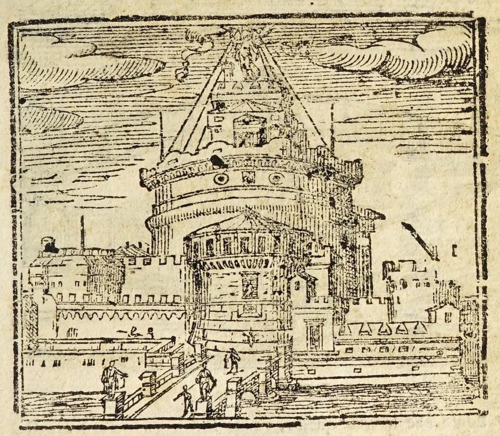 An illustration from Le cose merauigliose dell'alma città di Roma : doue si tratta delle chiese, stationi, reliquie corpi santi, che vi sono, e diuersi maritaggi di pouere zitelle, che si fanno : con la guida romana, che insegna facilmente à forastieri di ritrouare le cose più notabili di Roma : li nomi de' sommi pontefici, imperatori, & altri principi christiani, con le principali poste d'Italia : con aggiunta d'altre cose sacre da Clemente VIII, Paolo V, Vrbano VIII, Innocentio X & Alessandro VII : con le sette merauiglie del mondo, & altre cose notabili, 1666, leaf 73