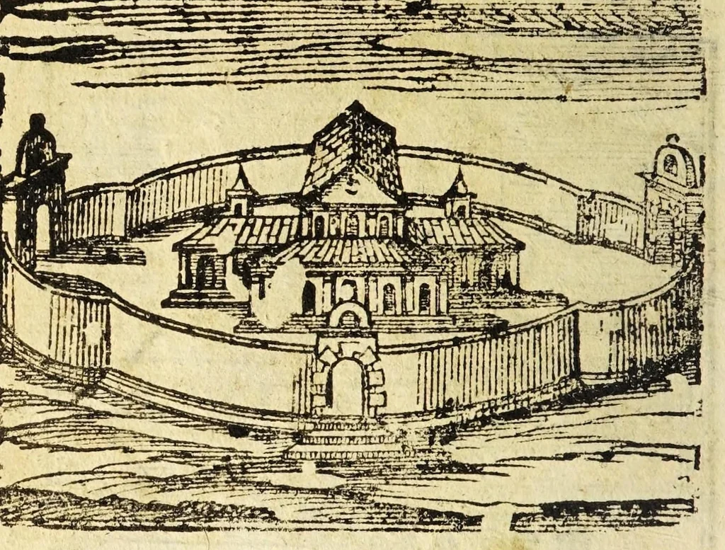 An illustration from Le cose merauigliose dell'alma città di Roma : doue si tratta delle chiese, stationi, reliquie corpi santi, che vi sono, e diuersi maritaggi di pouere zitelle, che si fanno : con la guida romana, che insegna facilmente à forastieri di ritrouare le cose più notabili di Roma : li nomi de' sommi pontefici, imperatori, & altri principi christiani, con le principali poste d'Italia : con aggiunta d'altre cose sacre da Clemente VIII, Paolo V, Vrbano VIII, Innocentio X & Alessandro VII : con le sette merauiglie del mondo, & altre cose notabili, 1666, leaf 74