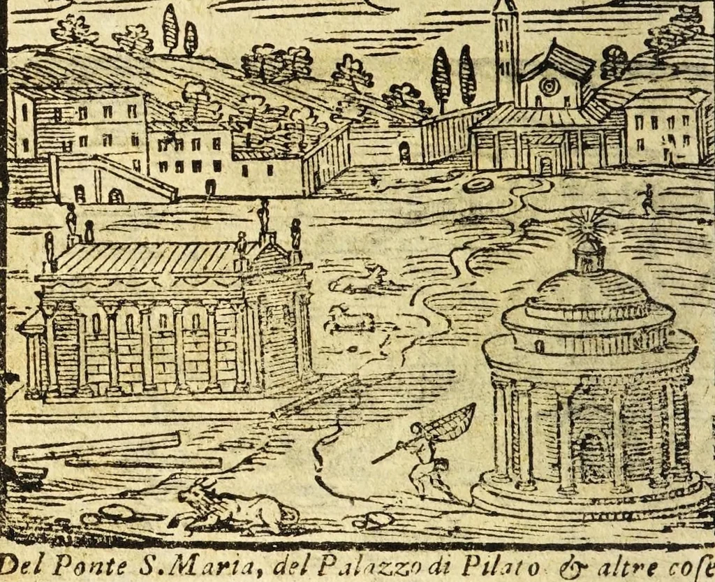 An illustration from Le cose merauigliose dell'alma città di Roma : doue si tratta delle chiese, stationi, reliquie corpi santi, che vi sono, e diuersi maritaggi di pouere zitelle, che si fanno : con la guida romana, che insegna facilmente à forastieri di ritrouare le cose più notabili di Roma : li nomi de' sommi pontefici, imperatori, & altri principi christiani, con le principali poste d'Italia : con aggiunta d'altre cose sacre da Clemente VIII, Paolo V, Vrbano VIII, Innocentio X & Alessandro VII : con le sette merauiglie del mondo, & altre cose notabili, 1666, leaf 76