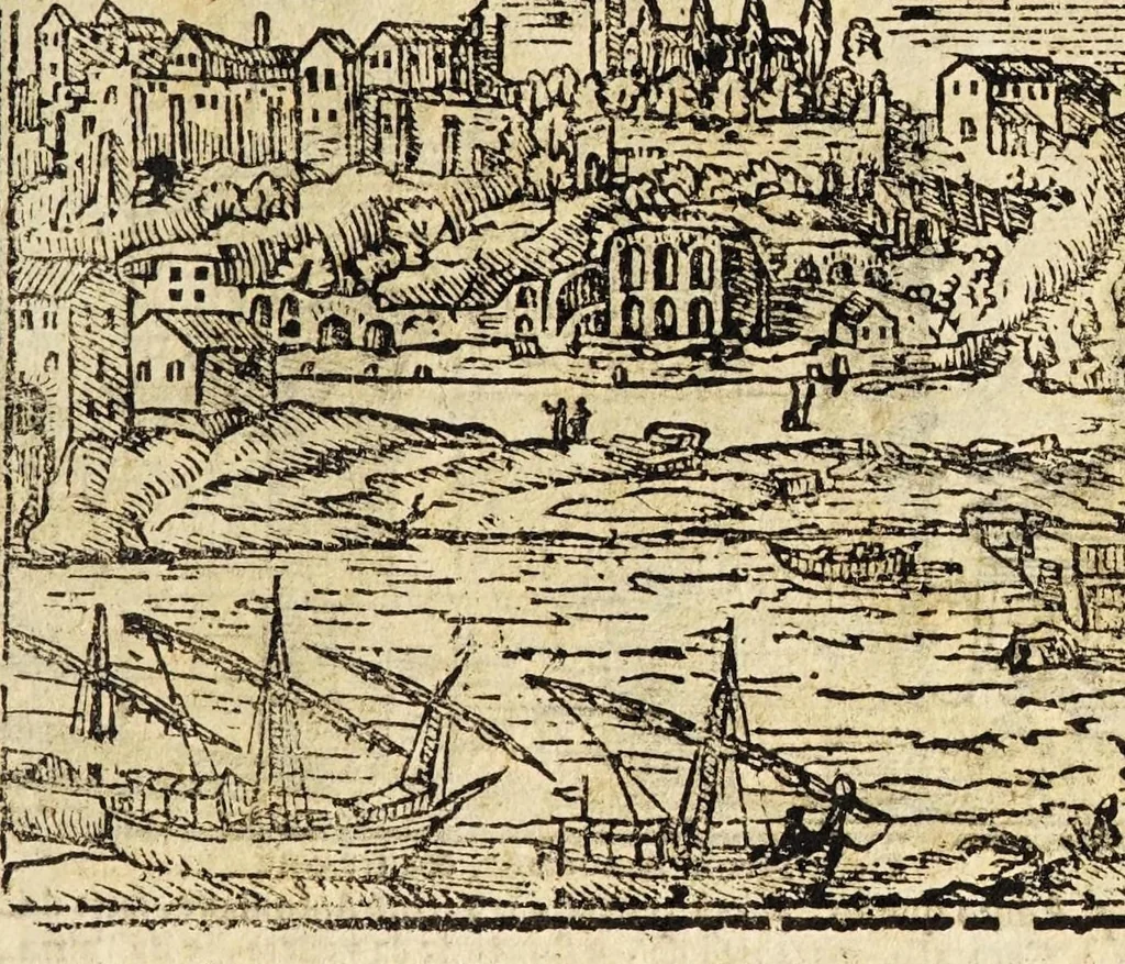 An illustration from Le cose merauigliose dell'alma città di Roma : doue si tratta delle chiese, stationi, reliquie corpi santi, che vi sono, e diuersi maritaggi di pouere zitelle, che si fanno : con la guida romana, che insegna facilmente à forastieri di ritrouare le cose più notabili di Roma : li nomi de' sommi pontefici, imperatori, & altri principi christiani, con le principali poste d'Italia : con aggiunta d'altre cose sacre da Clemente VIII, Paolo V, Vrbano VIII, Innocentio X & Alessandro VII : con le sette merauiglie del mondo, & altre cose notabili, 1666, leaf 77