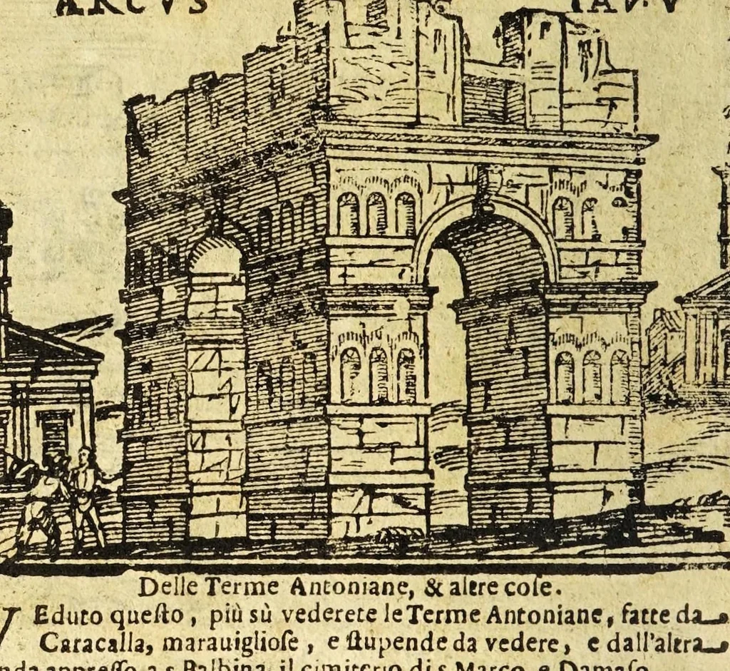 An illustration from Le cose merauigliose dell'alma città di Roma : doue si tratta delle chiese, stationi, reliquie corpi santi, che vi sono, e diuersi maritaggi di pouere zitelle, che si fanno : con la guida romana, che insegna facilmente à forastieri di ritrouare le cose più notabili di Roma : li nomi de' sommi pontefici, imperatori, & altri principi christiani, con le principali poste d'Italia : con aggiunta d'altre cose sacre da Clemente VIII, Paolo V, Vrbano VIII, Innocentio X & Alessandro VII : con le sette merauiglie del mondo, & altre cose notabili, 1666, leaf 78