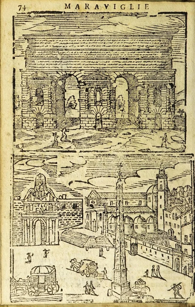 An illustration from Le cose merauigliose dell'alma città di Roma : doue si tratta delle chiese, stationi, reliquie corpi santi, che vi sono, e diuersi maritaggi di pouere zitelle, che si fanno : con la guida romana, che insegna facilmente à forastieri di ritrouare le cose più notabili di Roma : li nomi de' sommi pontefici, imperatori, & altri principi christiani, con le principali poste d'Italia : con aggiunta d'altre cose sacre da Clemente VIII, Paolo V, Vrbano VIII, Innocentio X & Alessandro VII : con le sette merauiglie del mondo, & altre cose notabili, 1666, leaf 80