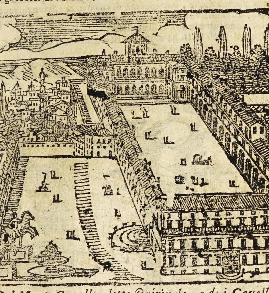 An illustration from Le cose merauigliose dell'alma città di Roma : doue si tratta delle chiese, stationi, reliquie corpi santi, che vi sono, e diuersi maritaggi di pouere zitelle, che si fanno : con la guida romana, che insegna facilmente à forastieri di ritrouare le cose più notabili di Roma : li nomi de' sommi pontefici, imperatori, & altri principi christiani, con le principali poste d'Italia : con aggiunta d'altre cose sacre da Clemente VIII, Paolo V, Vrbano VIII, Innocentio X & Alessandro VII : con le sette merauiglie del mondo, & altre cose notabili, 1666, leaf 81