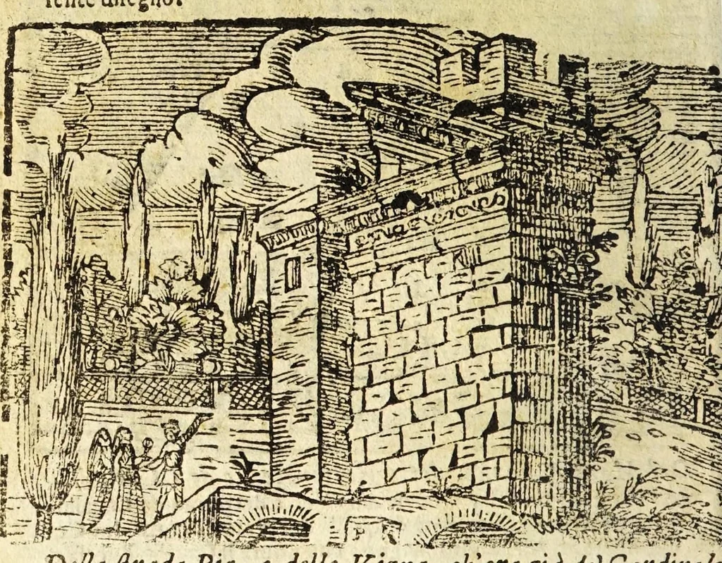 An illustration from Le cose merauigliose dell'alma città di Roma : doue si tratta delle chiese, stationi, reliquie corpi santi, che vi sono, e diuersi maritaggi di pouere zitelle, che si fanno : con la guida romana, che insegna facilmente à forastieri di ritrouare le cose più notabili di Roma : li nomi de' sommi pontefici, imperatori, & altri principi christiani, con le principali poste d'Italia : con aggiunta d'altre cose sacre da Clemente VIII, Paolo V, Vrbano VIII, Innocentio X & Alessandro VII : con le sette merauiglie del mondo, & altre cose notabili, 1666, leaf 82