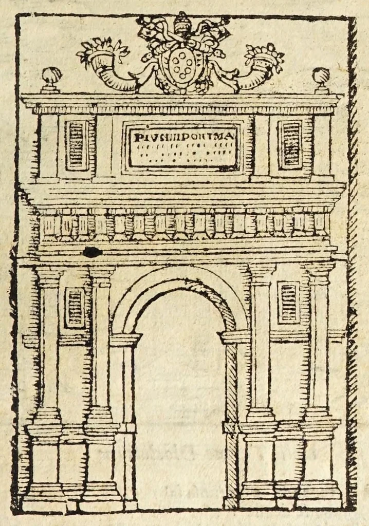 An illustration from Le cose merauigliose dell'alma città di Roma : doue si tratta delle chiese, stationi, reliquie corpi santi, che vi sono, e diuersi maritaggi di pouere zitelle, che si fanno : con la guida romana, che insegna facilmente à forastieri di ritrouare le cose più notabili di Roma : li nomi de' sommi pontefici, imperatori, & altri principi christiani, con le principali poste d'Italia : con aggiunta d'altre cose sacre da Clemente VIII, Paolo V, Vrbano VIII, Innocentio X & Alessandro VII : con le sette merauiglie del mondo, & altre cose notabili, 1666, leaf 83